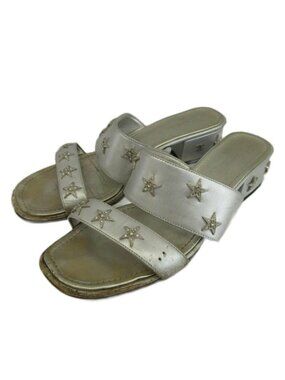 Chanel Sandals Leather Low Heels Star Studs Rhinestone CC Logo Silver